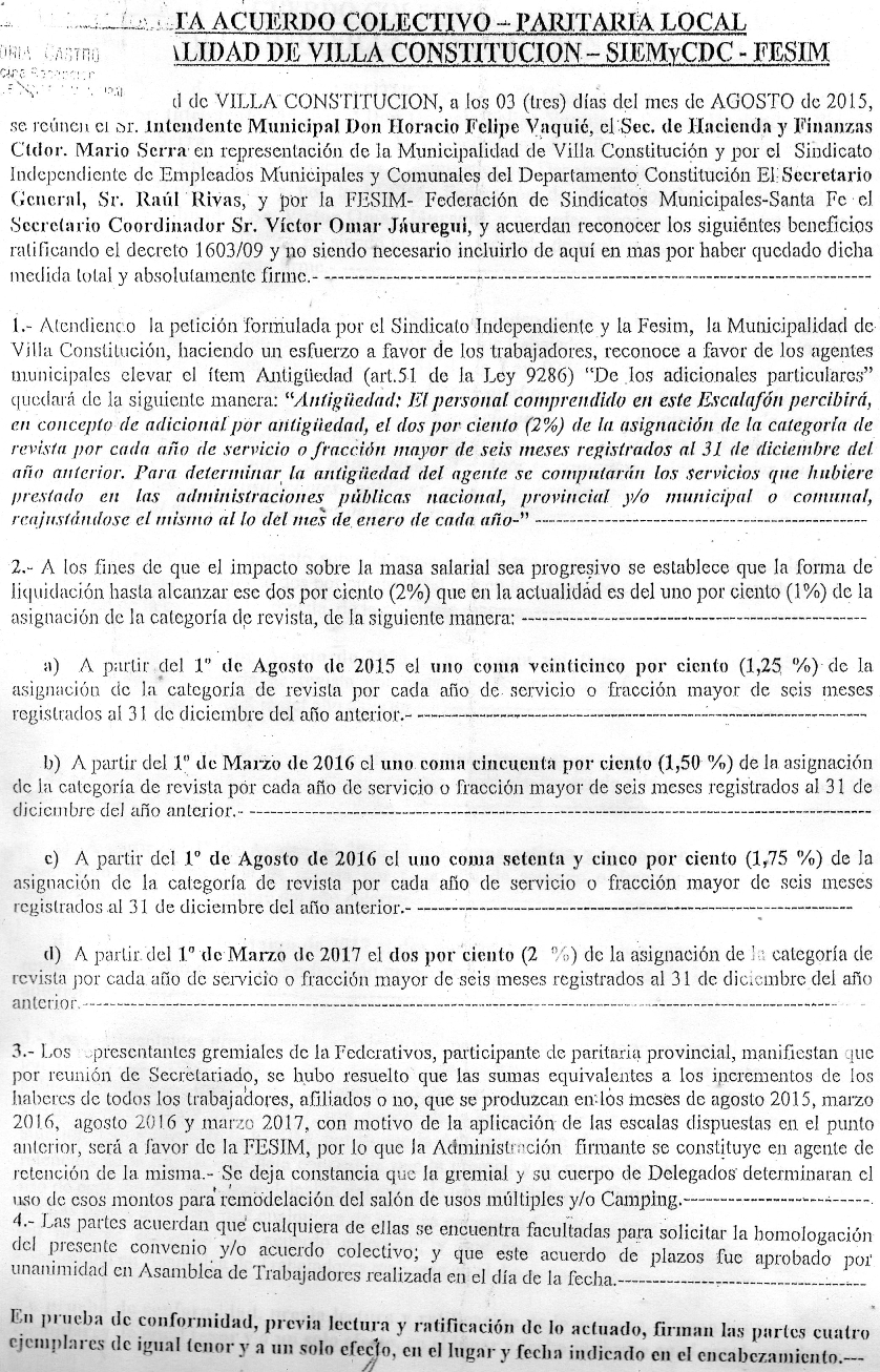 Acta acuerdo Villa, donde se ve la connivencia entre el Ejecutivo y el Sindicato Único